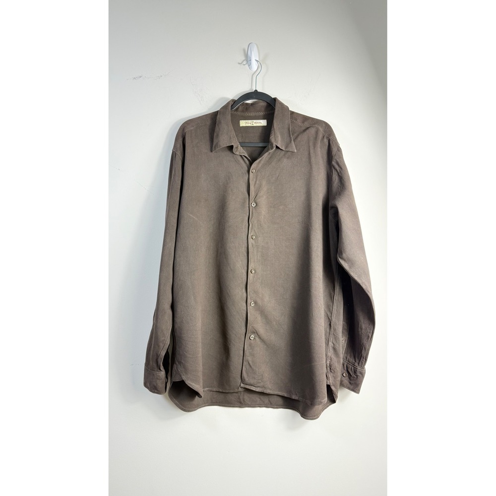 Tommy Bahama Button Down Brown 100% Silk Textured Long Sleeve Mens XL